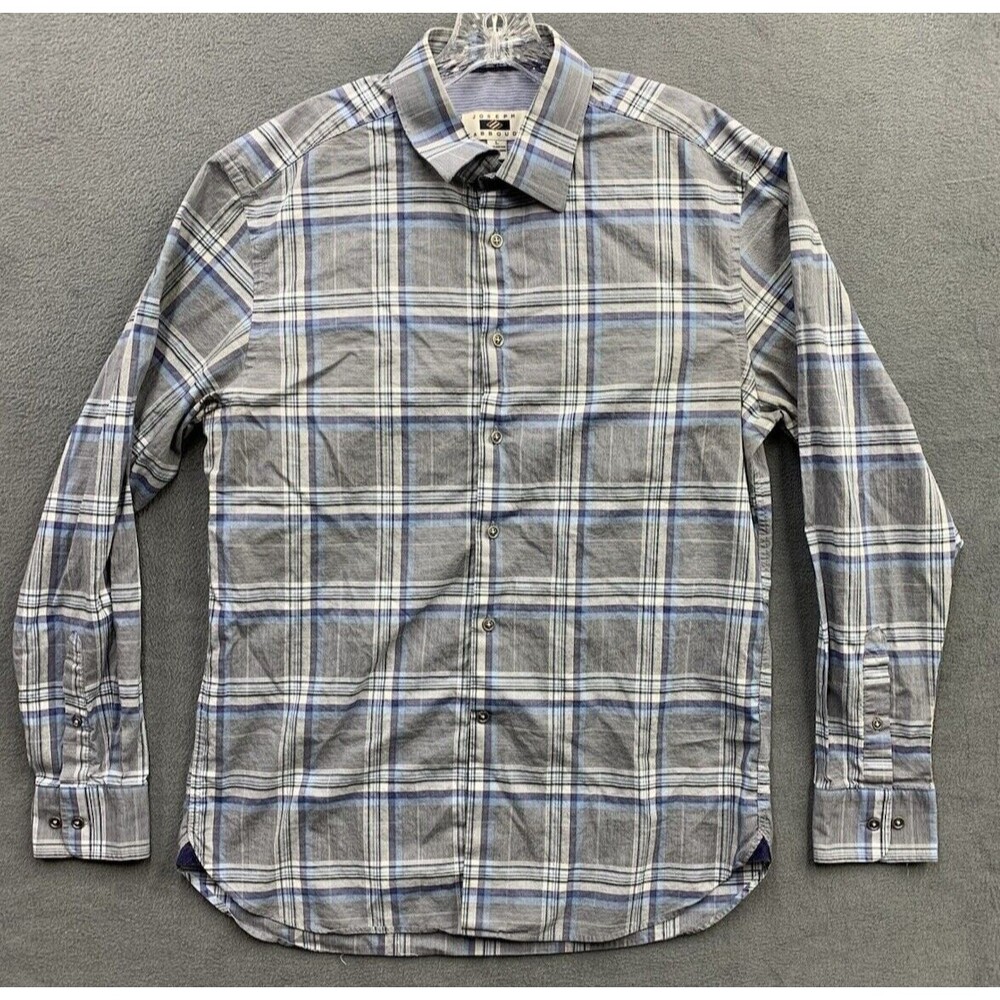 Joseph Abboud Mens Button Up Shirt Windowpane Check Gray 100% Cotton Size Large